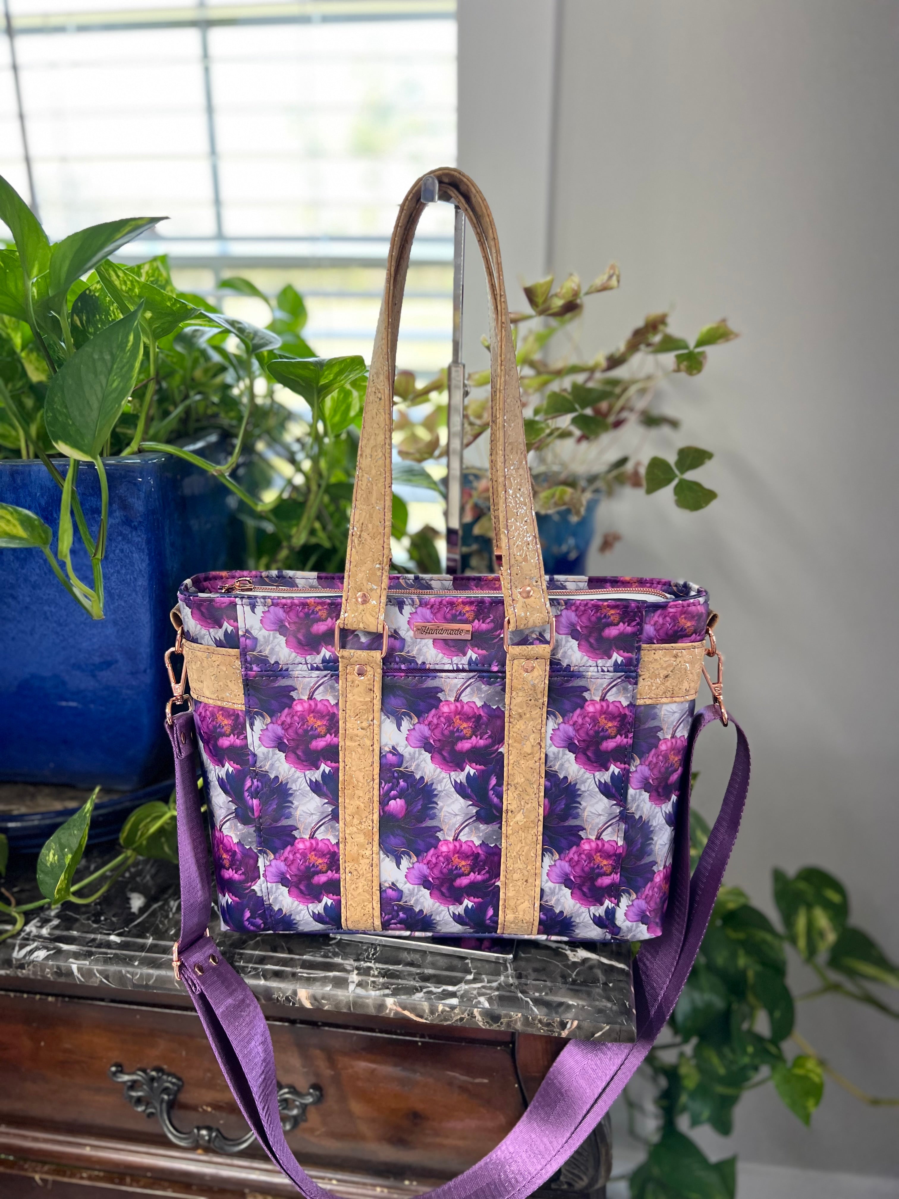 Bright floral fashion canvas and cork bag