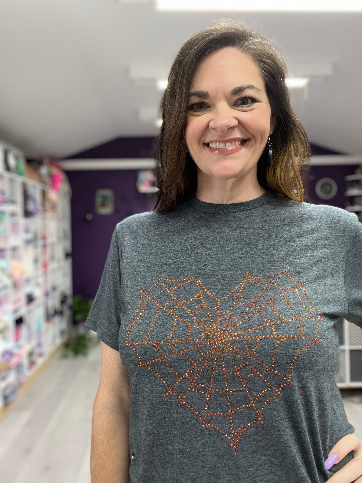 Orange rhinestone spiderweb tee